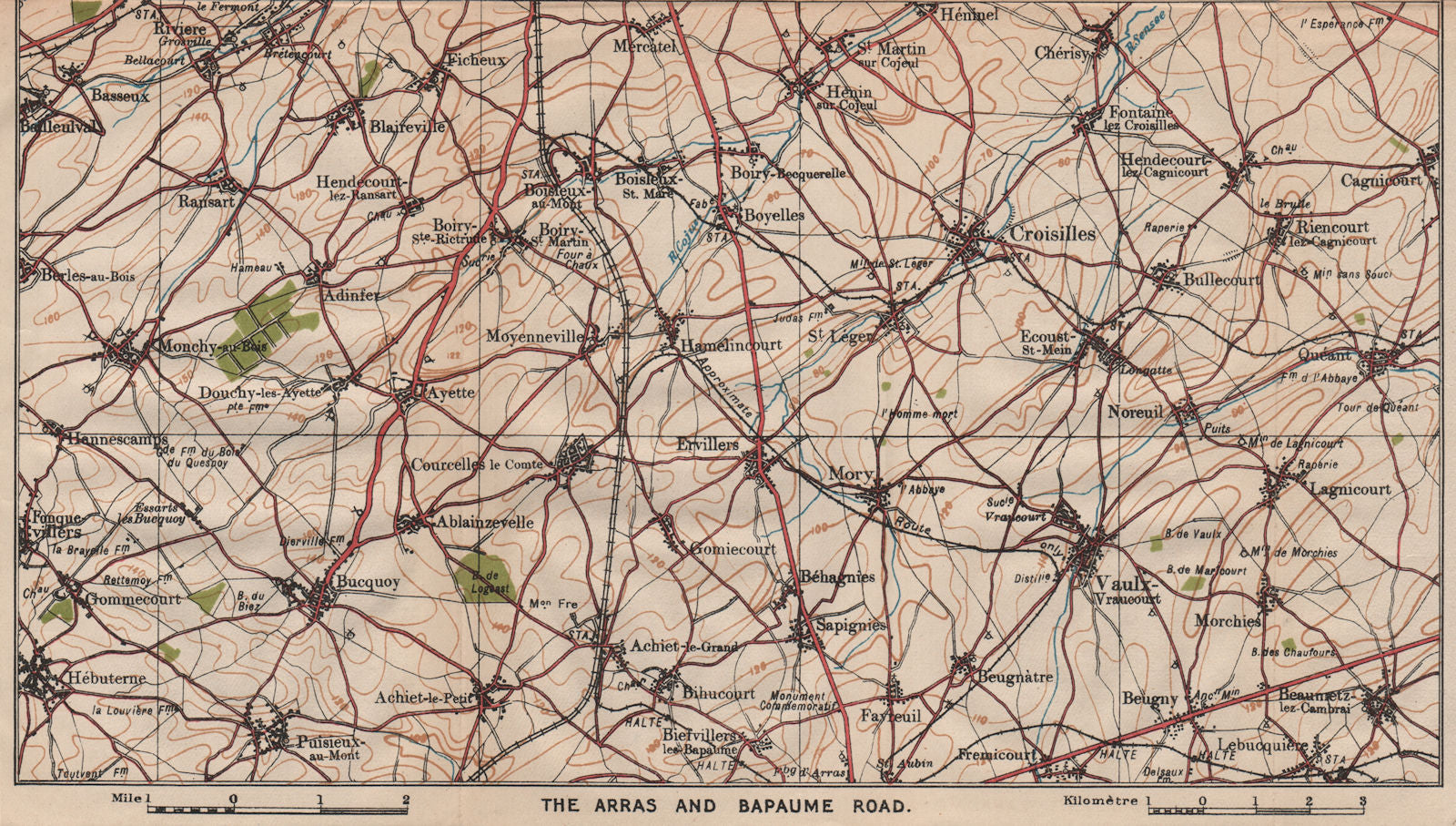 ARRAS & BAPAUME ROAD. Vaulx Croisilles Quéant Bucquoy. Pas-de-Calais 1920 map